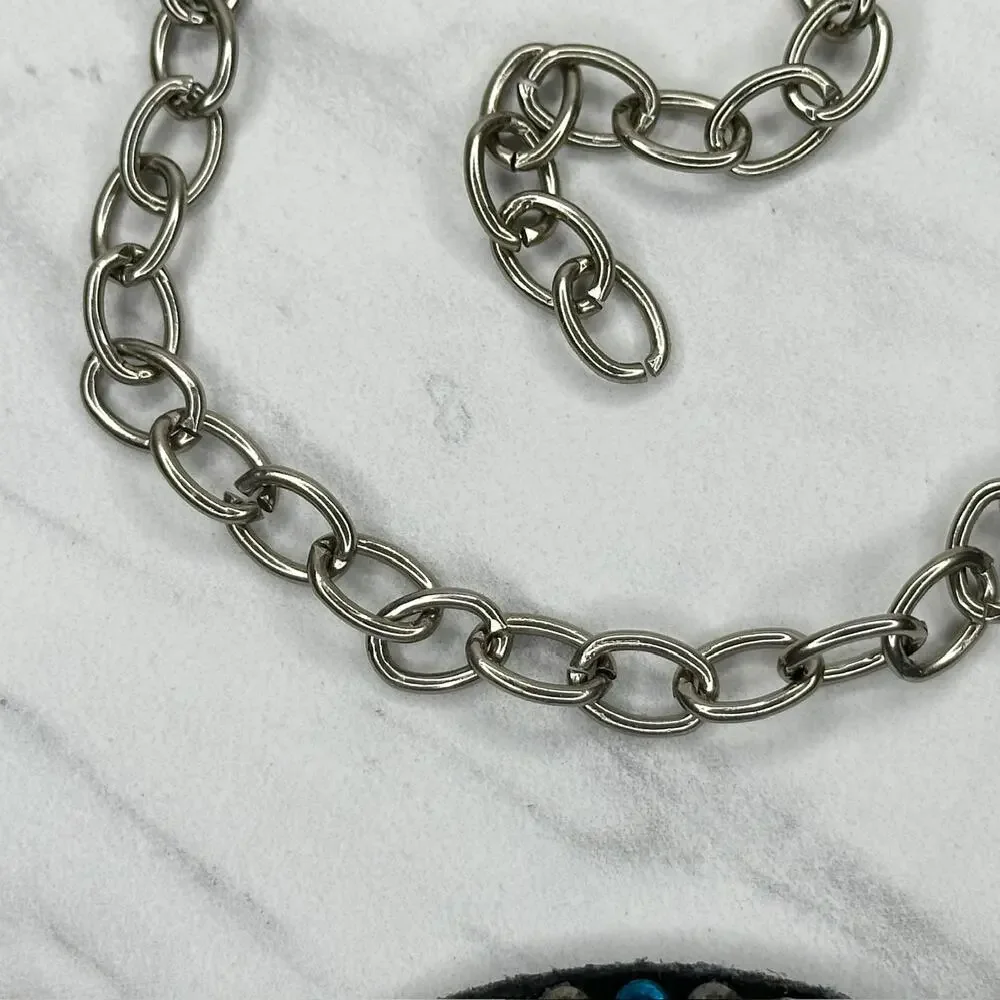 Blue Rhinestone Studded Silver Tone Chain Link Belt OS One Size